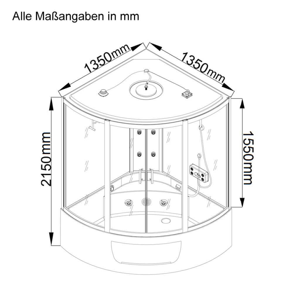 XL Luxus LED Dampfdusche inkl. Whirlpool-SET 135x135x215 Dampfsauna-Duschtempel+OZON 2025