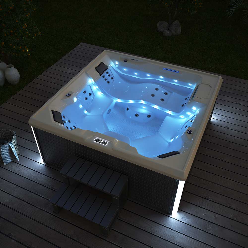 XXL Luxus SPA LED Whirlpool SET 207x207 Farblicht Outdoor Indoor Pool +Treppe+Abdeckung 5-Pers.