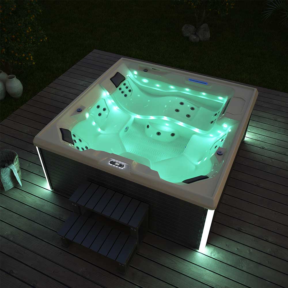 XXL Luxus SPA LED Whirlpool SET 207x207 Farblicht Outdoor Indoor Pool +Treppe+Abdeckung 5-Pers.