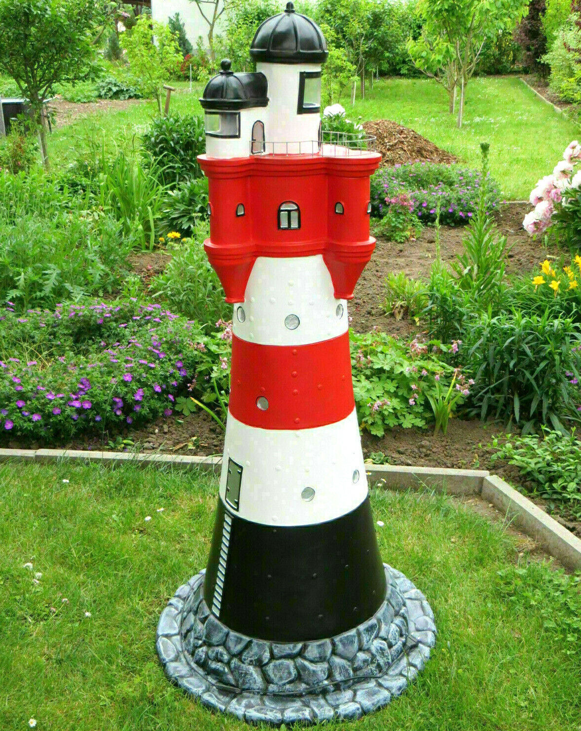 XXL Leuchtturm 115 cm hoch rot/weiß+Beleuchtung Garten Deko