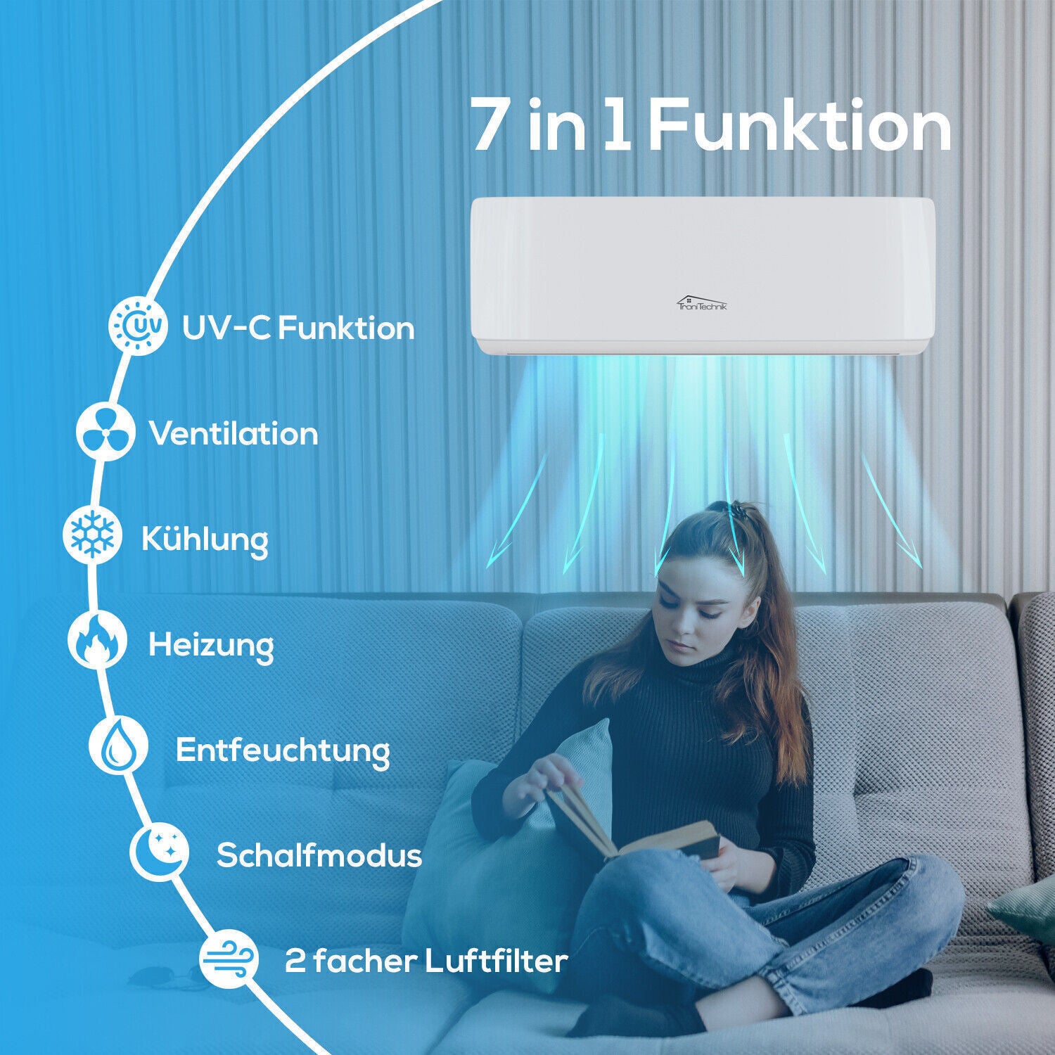 Premium Split Klimaanlage 12000 BTU 5 in 1 Klimagerät-WLAN Eco 5m CU-Heizung UV-C