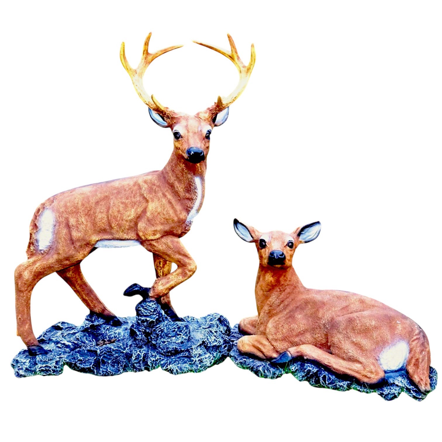 XXL HIRSCH+REH PAAR AUF FELSEN 115 cm lebensgross Premium Garten Deko Figur