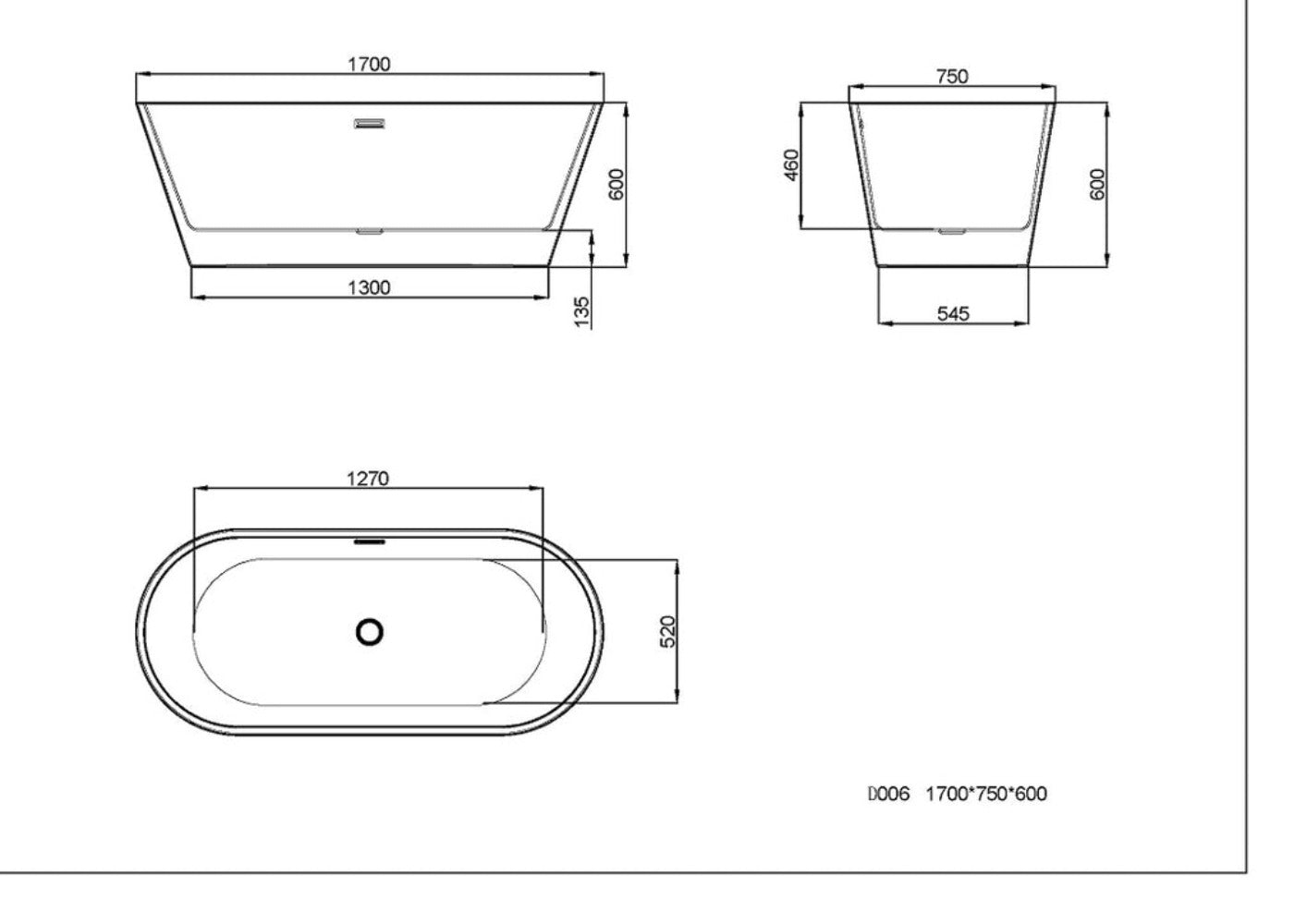 Luxus Premium Badewanne grau freistehend 170x80 cm +Ab-/Überlauf Neustes Modell b