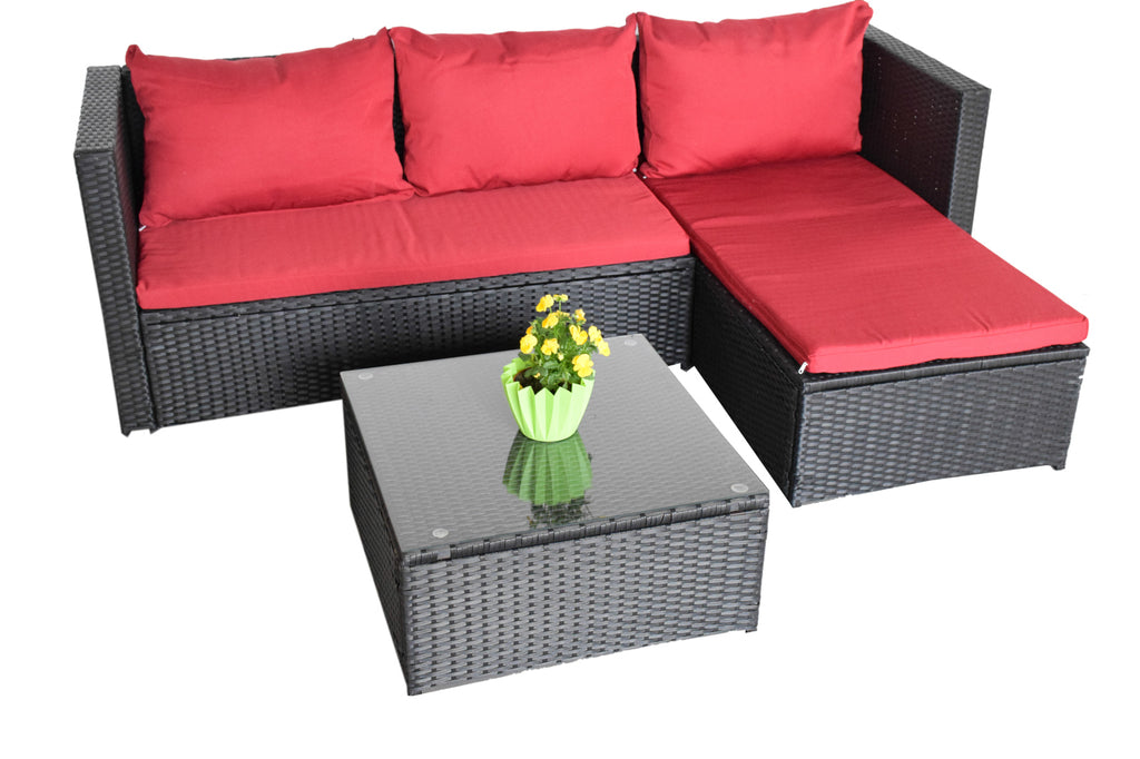 Luxus Premium Garten Lounge schwarz rot Esstisch Polyrattan SET Sitzgruppe