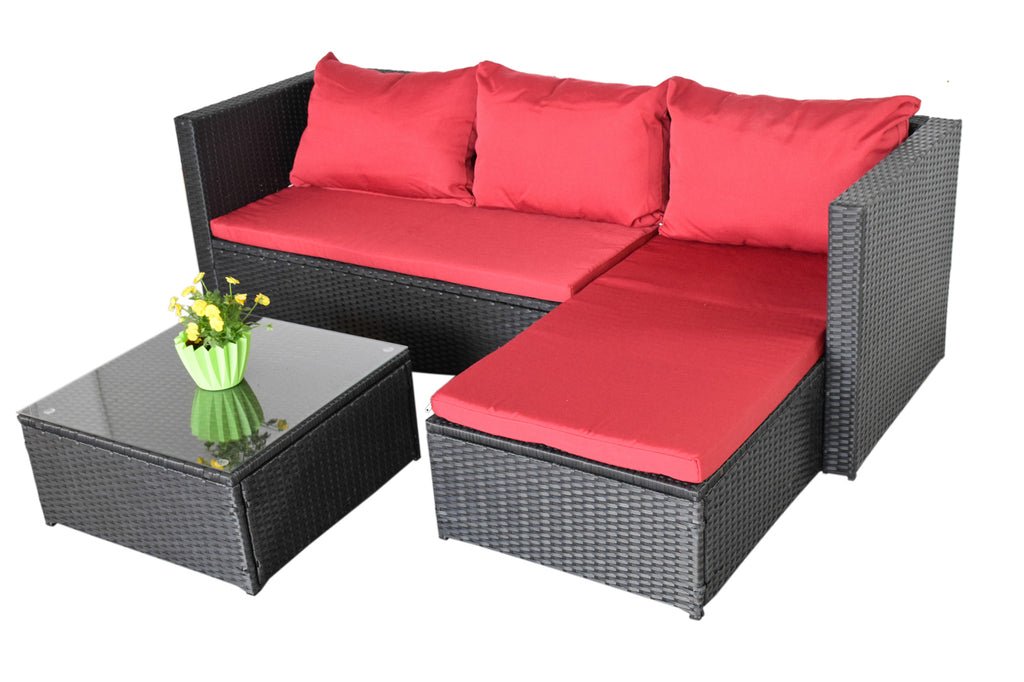 Luxus Premium Garten Lounge schwarz rot Esstisch Polyrattan SET Sitzgruppe