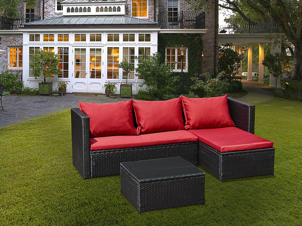 Luxus Premium Garten Lounge schwarz rot Esstisch Polyrattan SET Sitzgruppe