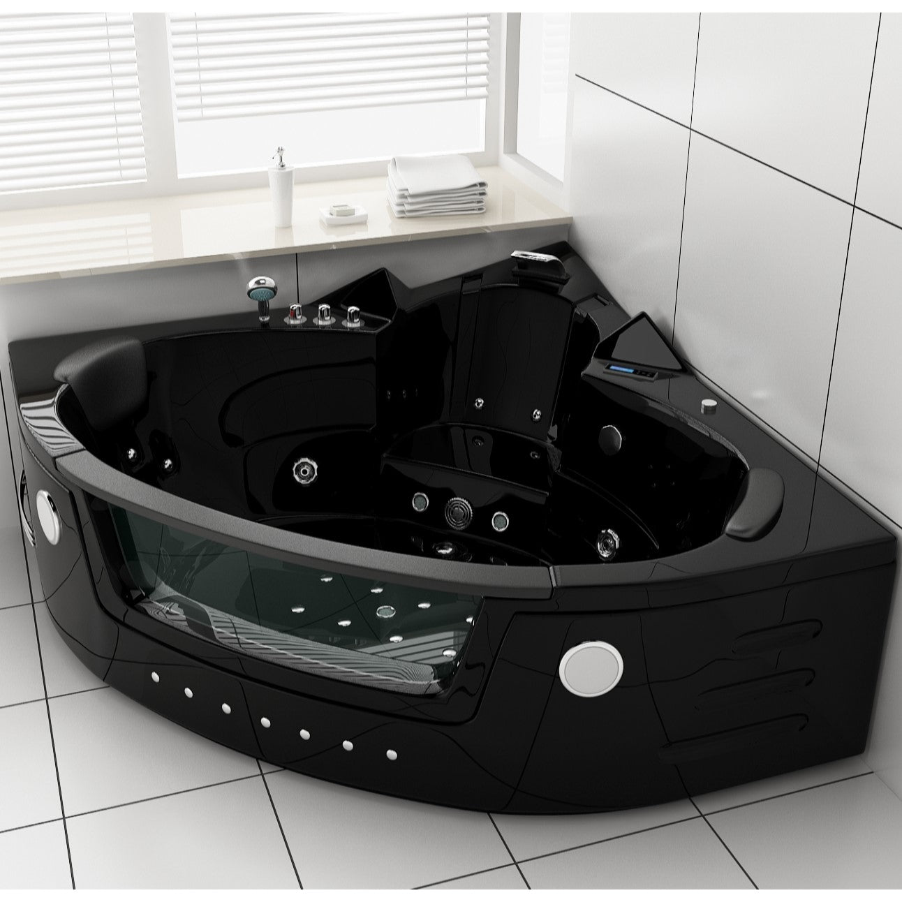 Luxus LED Whirlpool Badewanne SET 140x140 cm BLACK +Heizung+Hydrojet + Ozon Modell 2025