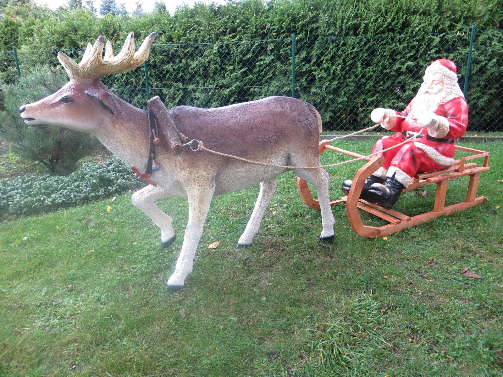 XXXL Rentier+Weihnachtsmann+Schlitten Gespann 2,9m lang lebensgross Santa-Deko v2