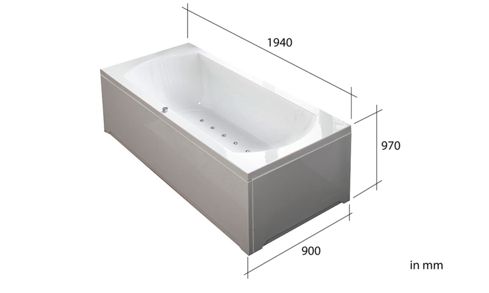 Luxus Whirlpool Badewanne 194x90 cm Acryl - 16 Air-Jet inkl. Überlauf