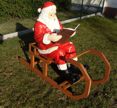 XXL Weihnachtsmann mit Buch auf Holz-Schlitten Santa Garten-Deko Weihnachtsdeko