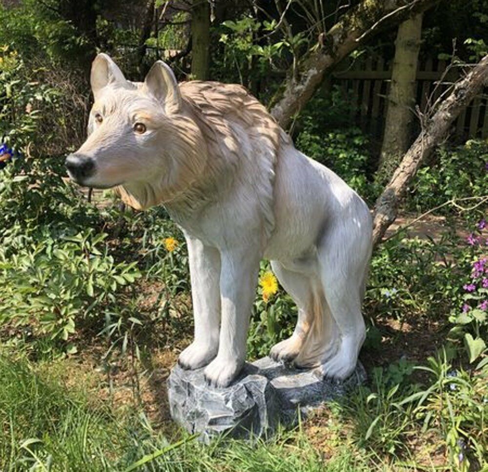 XXL Premium Wolf auf Felsen 100cm lebensgross  Garten Deko Figur inkl. Spedition