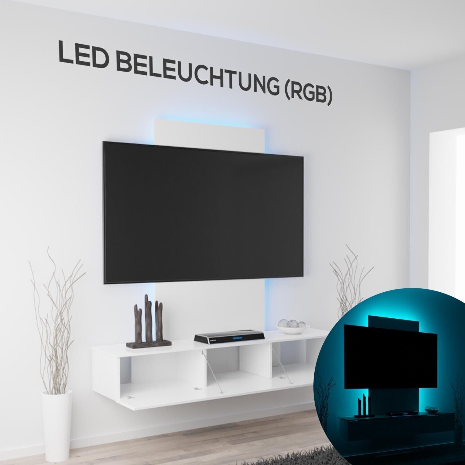 Premium LED RGB Lowboard 140x135 TV Board Sideboard Weiß Hochglanz Hängend