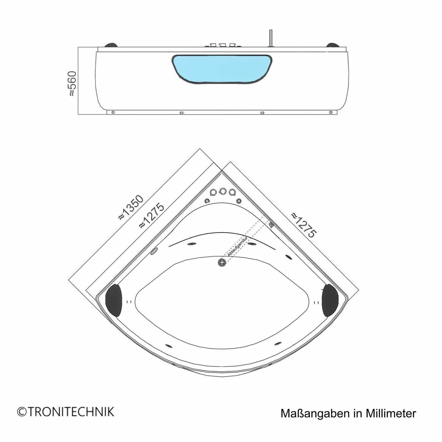 Luxus LED Whirlpool Badewanne SET 135x135cm +Hydrojets Eckwhirlpool Modell 2024 a