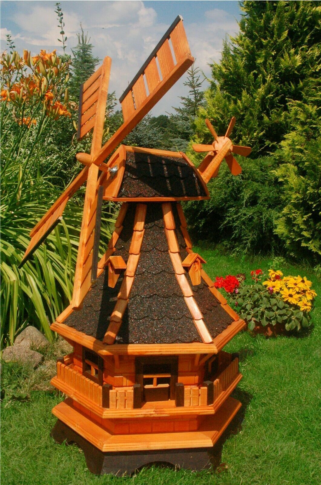 XXL Deluxe LED Solar Windmühle Holz 130cm kugelgelagert Top Garten Deko 1,3 m