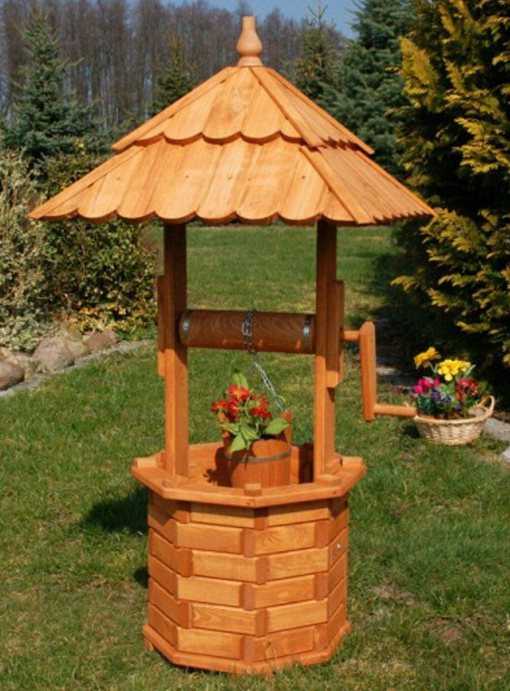 XL Holzbrunnen 125cm Gartenbrunnen imprägniert 1,25m massiv Garten Ziehbrunnen