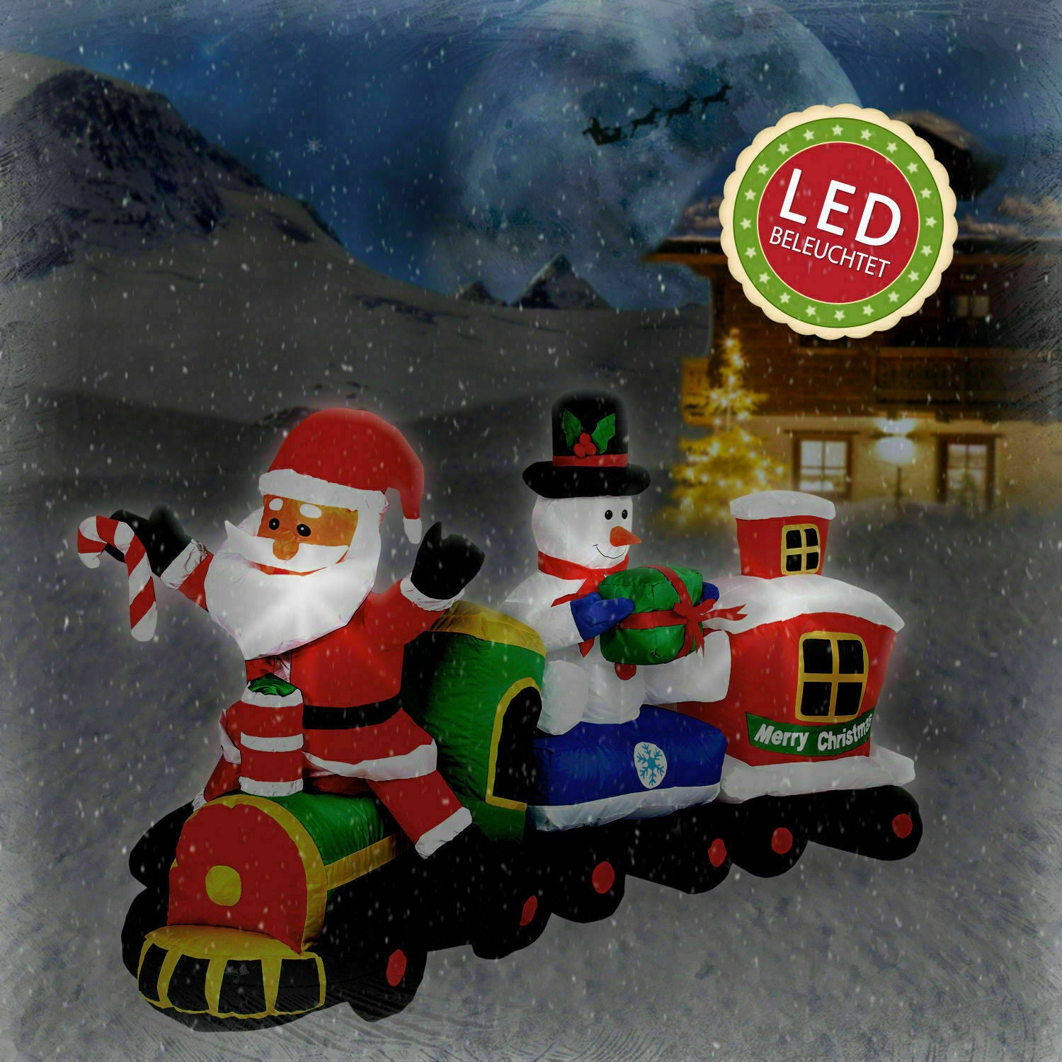 XXL LED Weihnachtszug+Weihnachtsmann+Schneemann 210cm lang Zug aufblasbar Deko