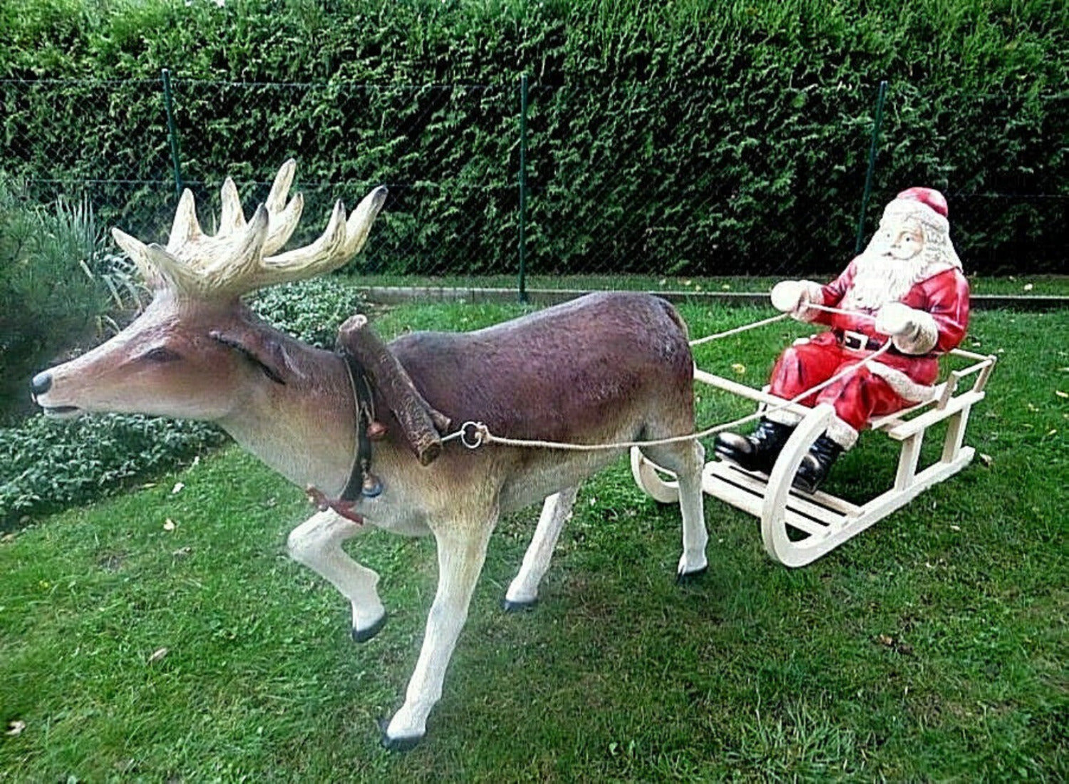 XXL Rentier +Weihnachtsmann+Schlitten Gespann ca. 2,90m lang lebensgross Santa Deko