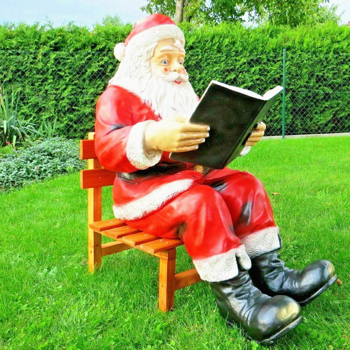 XXL Weihnachtsmann mit Buch +Holzstuhl lebensgross Santa Garten-Deko Modell-2024
